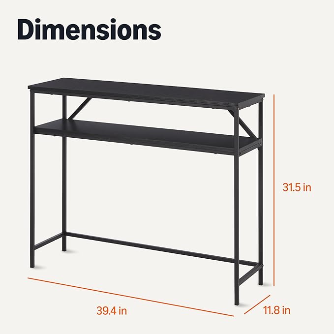 Amazon Basics Rectangular Console Table with Storage Shelf, Steel Frame, 39x31x11.8 in, Black-Ruum Studio Home