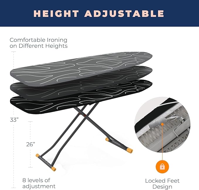 Ironing Board, Compact and Space Saver Ironing Board with Extra Thick 3 Layers Cover, Height Adjustable, Easy Storage with Smart Hanger and Heavy Duty Steel Legs, Black (13x43)-Ruum Studio Home