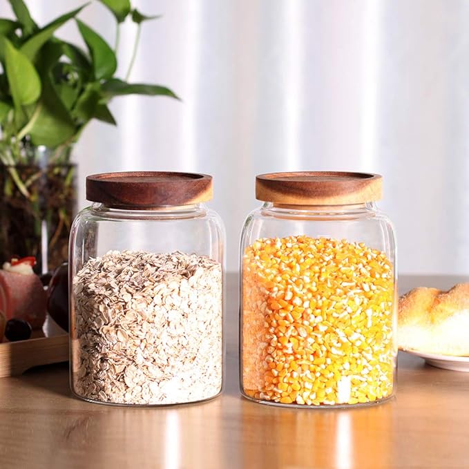 Glass Storage Jars with Airtight Lids, Set of 2 42 FL OZ (1250ml) coffee container with Wooden Lid, Glass Pantry Canister for Beans, Rice, Sugar and etc (6.3 inch high)-Ruum Studio Home