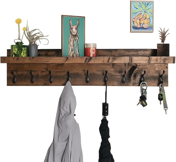 Coat Rack with Shelf Wall Mounted with Storage (Choose Your Length) Towel Rack Entryway Organizer Key Hooks (28" L (7 Hooks))-Ruum Studio Home
