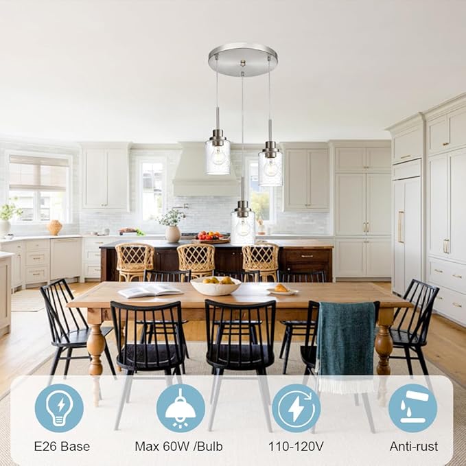 3-Light Contemporary Pendant Lighting with Clear Seeded Glass,Brushed Nickel Dining Room Chandelier Light Fixture Modern Kitchen Island Cluster Hanging Ceiling Pendant Lights for Sink Bar-Ruum Studio Home