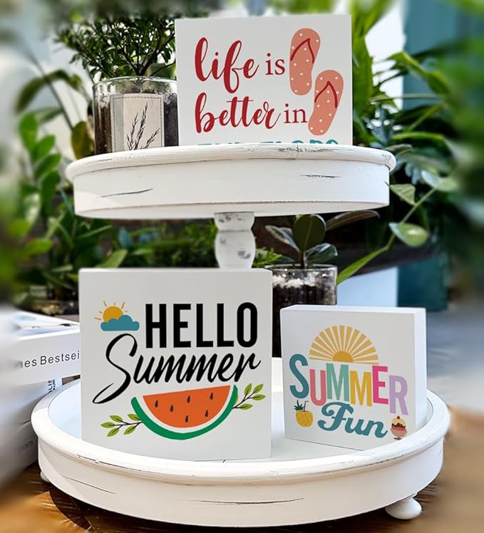 Summer Decor for Home Hello Summer Tiered Tray Decor 3 Pcs Wood Decorative Signs Table Desk Shelf Decoration-Ruum Studio Home