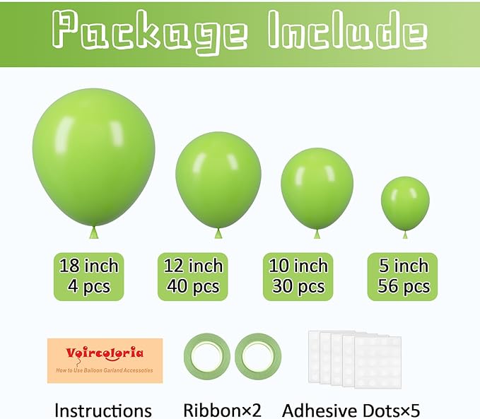130pcs Lime Green Balloons Different Sizes 18" 12" 10" 5" Light Green Balloons for Birthday Dinosaur Baby Shower St. Patrick's Day Summer Jungle Forest Safari Party Decorations-Ruum Studio Home