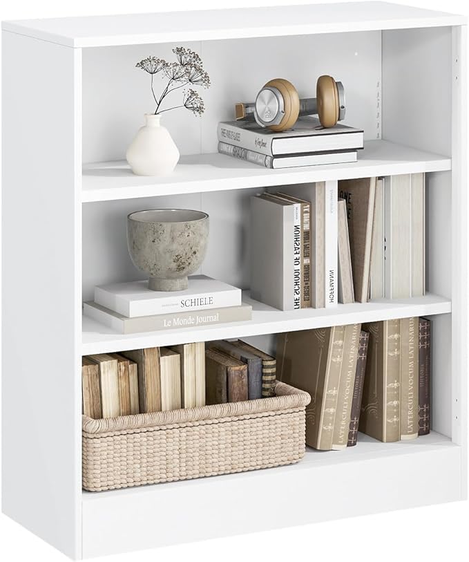 3-Tier Bookshelf with Adjustable Shelves, White Metal Space Saving Storage Shelf Bookcase, Small Open Storage Shelf for Living Room, Home Office, Dinning Room, Pantry (White-36H)-Ruum Studio Home