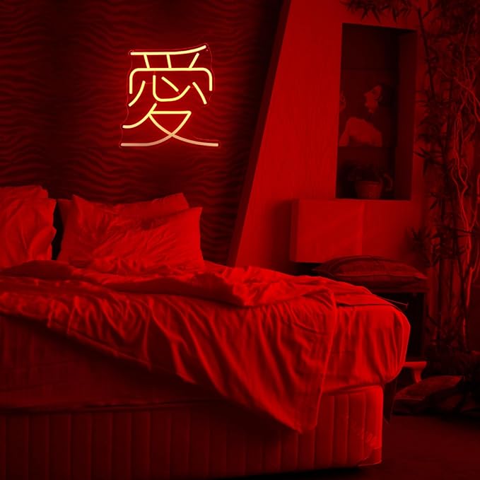 Japanese Love Neon Sign Red Love Kanji LED Neon Light Japan Symbol Neon Wall Sign Chinese Character LED Sign Words Neon Light Up Signs for Bedroom Bar Party Decor Valentine's Day Gifts-Ruum Studio Home