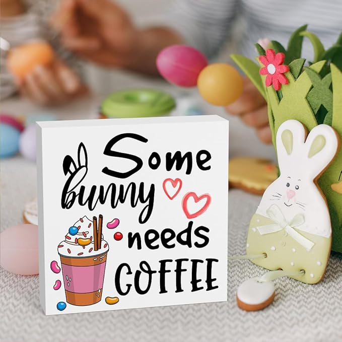 Rustic Farmhouse Easter Country Home Office Coffee Tables Desk Decor Coffee Bar Some Bunny Needs Coffee Sign Cubicle Shelf Tiered Tray Decor Gift Ideas 5 X 5 Inch-Ruum Studio Home