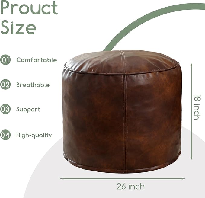 HIGOGOGO Round Stuffed Pouf Ottoman, Pu Leather Poufs with Foam Chunk Filling, Furry and Fluffy Pouf Foot Stool Storage Ottoman, 26 X 18 Floor Poufs Foot Rest for Living Room,Dark Brown-Ruum Studio Home