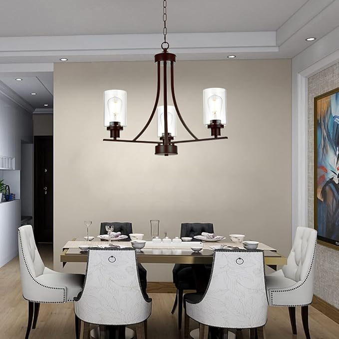 BONLICHT 3 Lights Oil-Rubbed Bronze Traditional Chandelier Rustic Kitchen Island Lighting Fixtures Hanging Clear Glass Cylinder Pendant Lights Classic Ceiling Light for Dining Room Bedroom Foyer-Ruum Studio Home