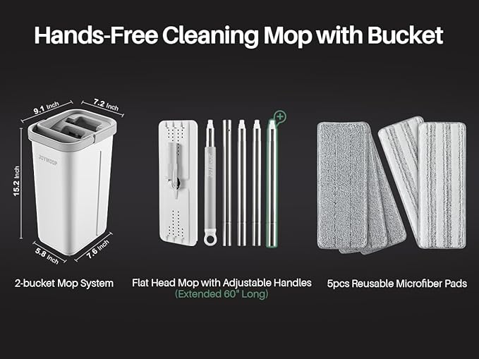 JOYMOOP Mop and Bucket with Wringer Set, Hands Free Flat Floor Mop and Bucket, 60" Mop with 5 Reusable Microfiber Pads, Wet and Dry Use, Floor Cleaning System-Ruum Studio Home
