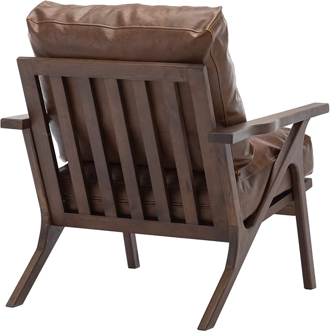 Wahson Brown Leather Accent Chair Mid Century Modern Chair, Retro Upholstered Armchair with Wood Frame and Removable PU Cushions, Large Compfy Leisure Slipper Chair for Living Room/Bedroom-Ruum Studio Home
