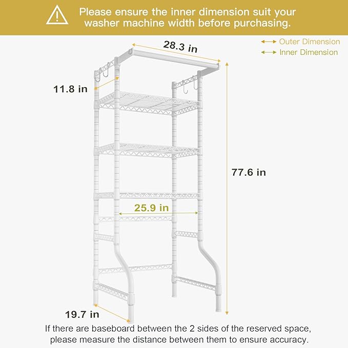 Ulif U11 Mini Over Washer and Dryer Shelves, 3 Tiers Laundry Room Storage and Organizer Standing Shelf, Metal Freestanding Clothes Drying Rack, 28.3”W x 19.7”D x 77.6”H, White-Ruum Studio Home