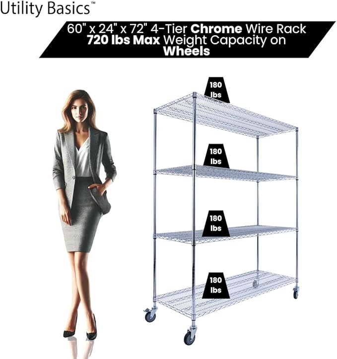 60"x24"x72" PREMIUM METAL STEEL 4-Tier Wire Shelving NSF 3200 LBS MAX Capacity Heavy Duty Storage Rack for Hospitals, Schools, Commercial Spaces, and Garages w/PREMIUM Wheels-Ruum Studio Home