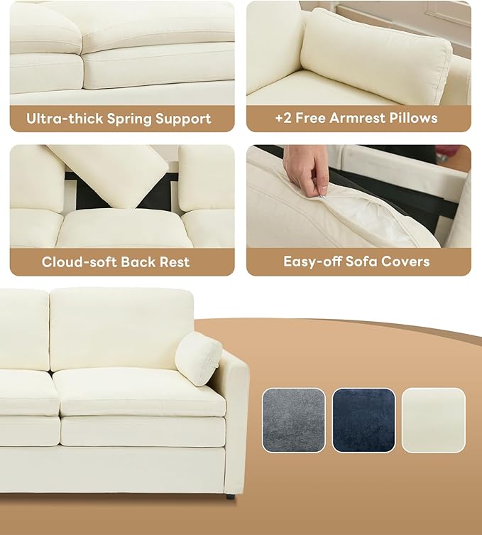 Tbfit Modern Couch Sofa, 89" Cloud Couch w/Pillows, Pocketed Spring Seat, Comfy 3-Seater Plush Foam Cushions, Chenille Fabric Removable Covers, Soft Upholstered Living Room Furniture Apartment, Beige-Ruum Studio Home