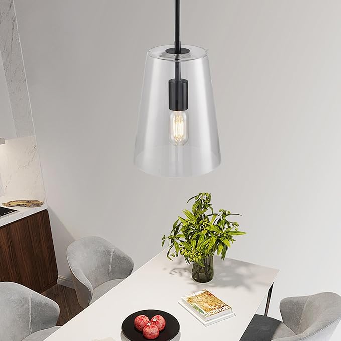 Black Big Pendant Lights Kitchen Island - Clear Glass Pendant Light Fixture Multiple Stems Rods 3 Units 12 Inch 3 Units 4 Inch (2 Pack Black Downrod Pendant with 7.5in W 9.5in H Shade)-Ruum Studio Home