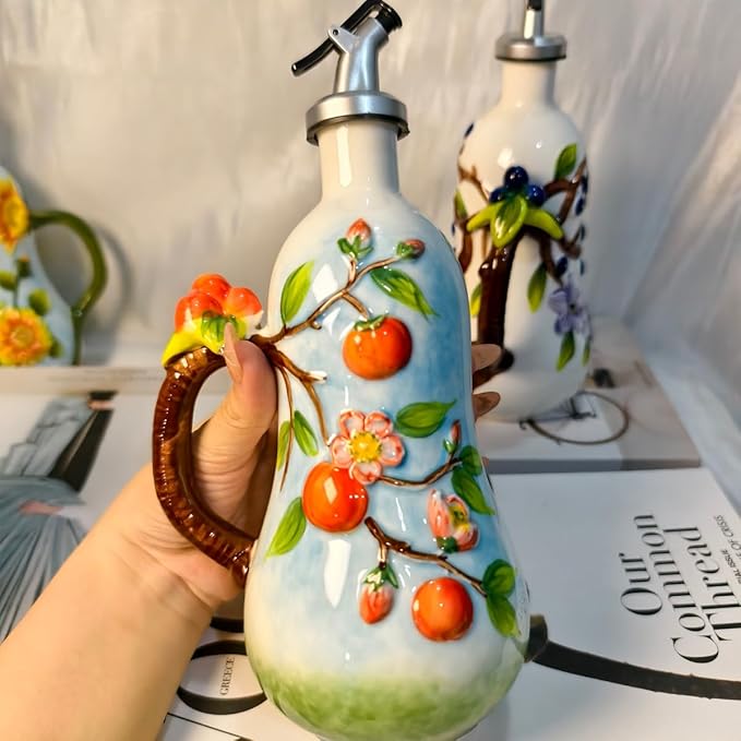 18 Oz Hand Painted Relief Ceramic Olive Oil Bottle Dispenser for Kitchen, Oil and Vinegar Bottle, Seasoning Bottle with Stainless Steel Nozzle, 540mL Oil Container with Handle for Cooking, Light Proof-Ruum Studio Home