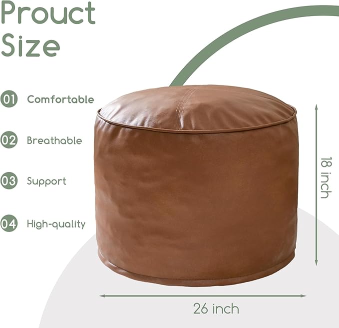 HIGOGOGO Round Stuffed Pouf Ottoman, Pu Leather Poufs with Foam Chunk Filling Foot Stool Storage Ottoman, 26 X 18 Floor Poufs Foot Rest for Living Room, Brown-Ruum Studio Home