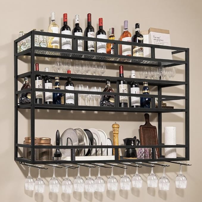 59" Large Wine Rack Wall Mounted with Bottle Glass Holder, 3-Tiers Metal Liquor Floating Shelves with LED Light, Wall Bar Shelf for Home, Restaurant, Commercial Bar, Kitchen Storage Display-Ruum Studio Home
