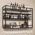 59" Large Wine Rack Wall Mounted with Bottle Glass Holder, 3-Tiers Metal Liquor Floating Shelves with LED Light, Wall Bar Shelf for Home, Restaurant, Commercial Bar, Kitchen Storage Display-Ruum Studio Home