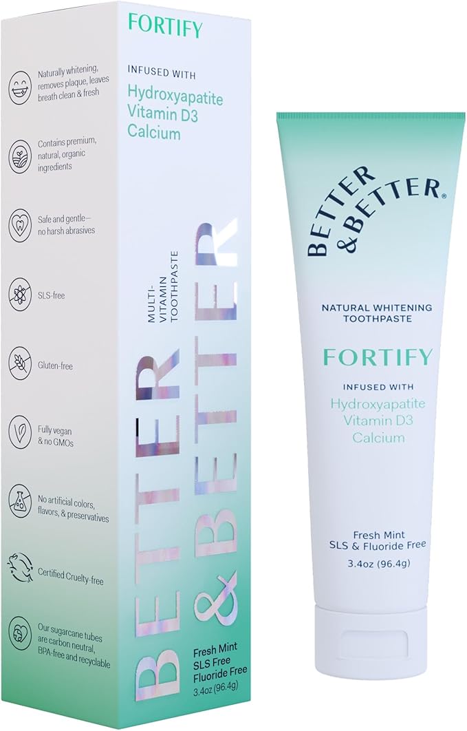 Better & Better Fortify Hydroxyapatite Toothpaste | Infused w/VIT. D & Calcium | Fluoride & SLS Free for Sensitive Brushers | Natural & Vegan Whitening Toothpaste | Fresh Mint Flavor | 3.4oz, 1 Pack-Ruum Studio Home