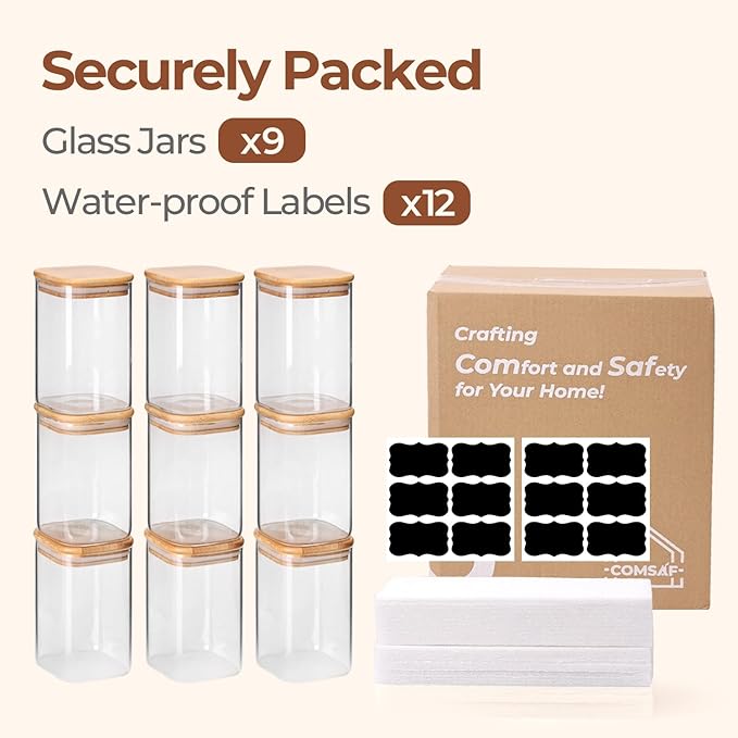 ComSaf 1.2 Qt Glass Storage Containers with Lids, Glass Jars with Lids, Clear Food Storage Jar, Square Canister Set of 9, Pantry Organizers and Storage for Cookie Flour Oat Pasta Tea Coffee Bean-Ruum Studio Home