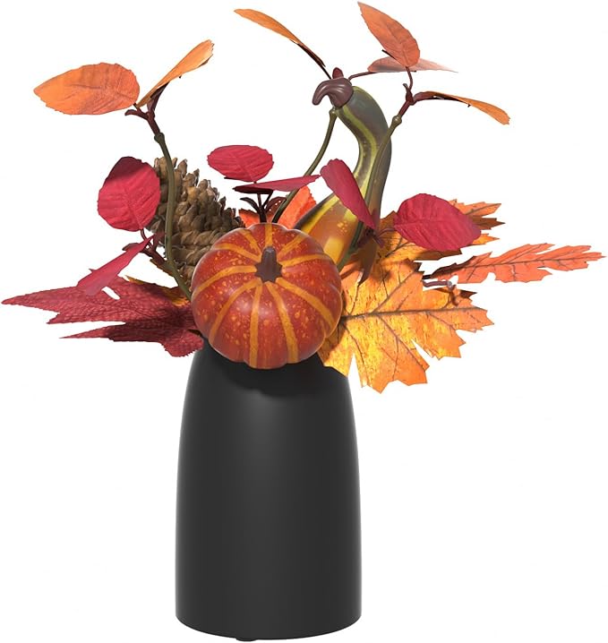 Autumn Artificial Potted Plant Decorations, Maple Leaves, Pinecones, Pumpkins with Black Ceramic Vase for Home,Thankgiving Table Decoration-Ruum Studio Home