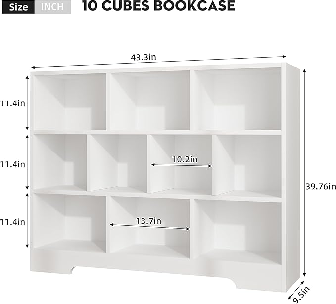Book Shelf, 10 Cubes Storage Organizer, 3-Tier Open Shelf Wooden Bookcase, Freestanding White Bookshelf Cube Shelf for Bedroom, Living Room, Home Office-Ruum Studio Home