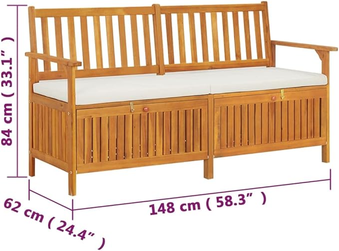 vidaXL Patio Storage Bench 58.3" - Solid Acacia Wood with Cream White Cushion - Versatile Wooden Bench for Indoor and Outdoor Use - with Ample Storage Space-Ruum Studio Home