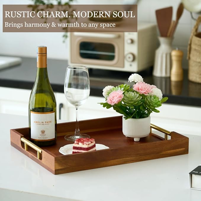 Premium Acacia Wood Ottoman Tray, 17x13 inches Large Serving Tray, Decorative Coffee Table Tray with Metal Handles, Ideal for Breakfast in Bed, Appetizers, Kitchen & Living Room Decor-Ruum Studio Home