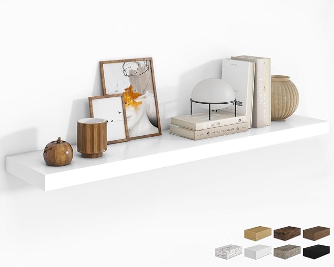 RICHFOCUS 55Inch Floating Shelves for Wall 1 Pack Shelves for Bedroom|Kitchen|Bathroom Wall Mounted Rustic Wood Floating Shelf with Invisible Brackets for Books|Storage|Decor, White-Ruum Studio Home