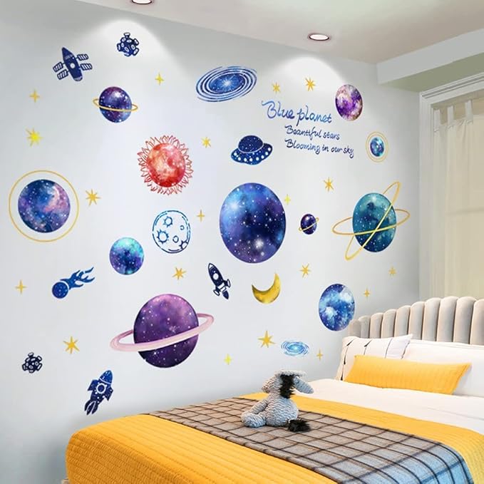 Quanhaigou Blue Purple Galaxy Wall Decals, Removable Sticker,The Art Magic 3D Milky Way Cosmic Stars Spacecraft Dreamscape Home Decor for Bedroom Living Room Floor Ceiling Kids Room-Ruum Studio Home