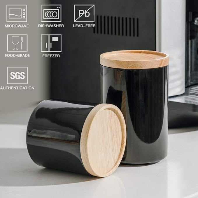 Sweejar Kitchen Canisters Ceramic Food Storage Jar, Stackable Containers with Airtight Seal Wooden Lid for Serving Ground Coffee, Tea, Sugar, Salt and More - 28 Fl Oz (Black)-Ruum Studio Home