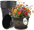 6 Pack 8 inch Plant Pots, Retro Pattern Planters with Drainage Holes and Saucer, Sturdy Plastic Garden Flower Pots for Indoor & Outdoor Plants-Ruum Studio Home
