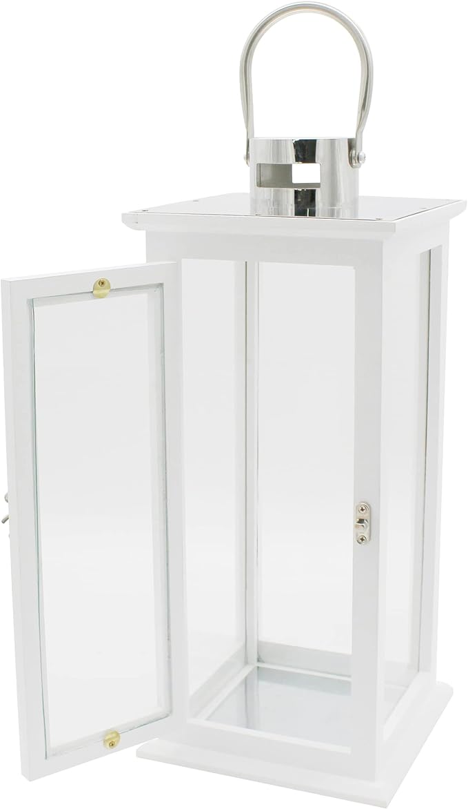 CVHOMEDECO. Decorative Elegant Wood Hurricane Candle Lantern with Stainless Top and Glass Inserts for Home Patio Outdoor Decor. White, Set of 2-Ruum Studio Home