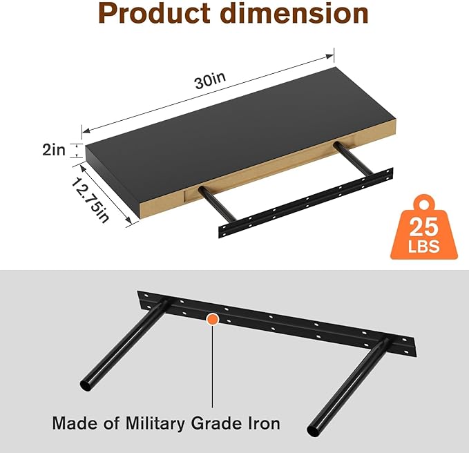 Floating Shelf, Set of 2 Wall Shelf, 30 in W x 12.75 in D x 2 in H Wooden Floating Wall Shelf with Invisible Brackets for Living Room/Bedroom/Bathroom/Kitchen Storage and Decor, Black-Ruum Studio Home