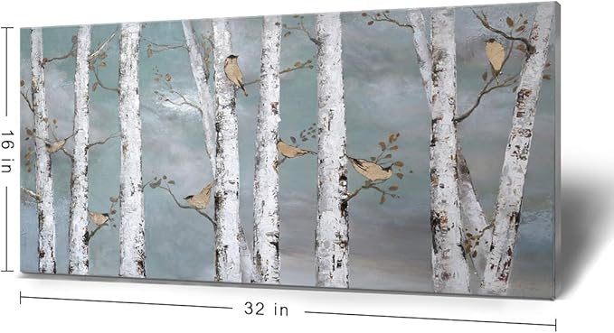 amatop Teal Wall Art 100% Hand-Painted Landscape Forest Oil Painting on Canvas Original Framed Artwork Gold Bird Birch Tree Artwork White Birch at Night for Living Room Bedroom Office Decor 32x16inch-Ruum Studio Home