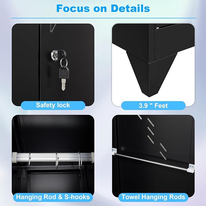 71" Broom Closet Cabinet with Hanging Rod, Tall Black Metal Storage Cabinet for Bathroom, Utility Room, and Garage-Ruum Studio Home