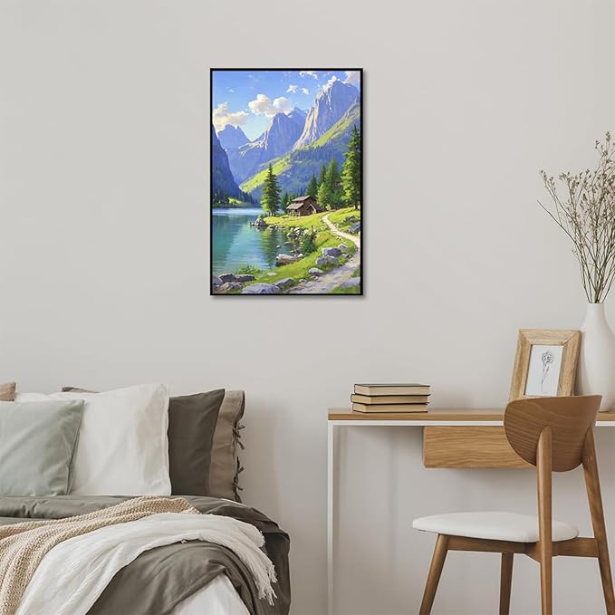 Landscape wall painting of mountain forest lakeside cabin under blue sky and white clouds natural oil painting poster suitable for living room bedroom office-Ruum Studio Home