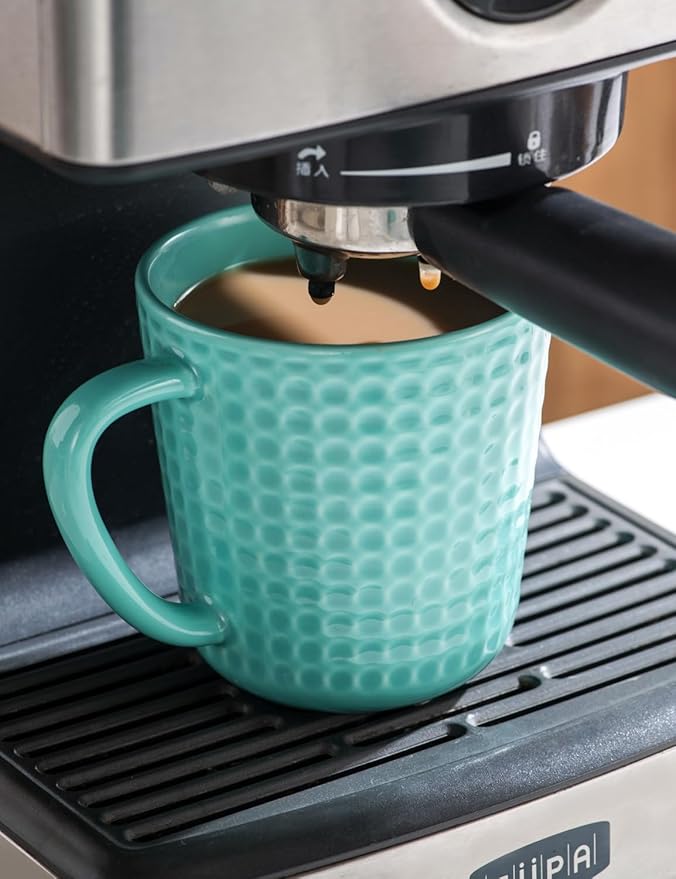 Ceramic Coffee Mugs 15 oz, Large Waffle Embossed Mug Set with Handle, Unique Coffee Cups for Latte, Cappuccino, Cocoa, Hot Tea, Mocha, Milk, Housewarming Wedding Present - Set of 6 (Turquoise)-Ruum Studio Home