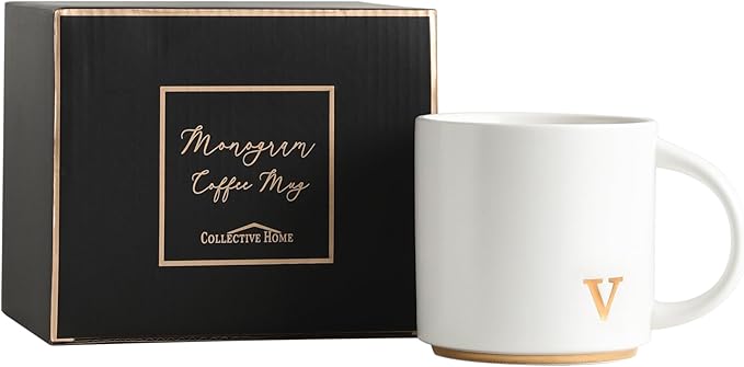 COLLECTIVE HOME - Monogram Ceramic Mugs, 15 oz Golden Initial Coffee Cups, Elegant Alphabet Tea Mugs, Elegant Personalized Mug with Gift Box, Luxurious Cups for Office and Home (v)-Ruum Studio Home