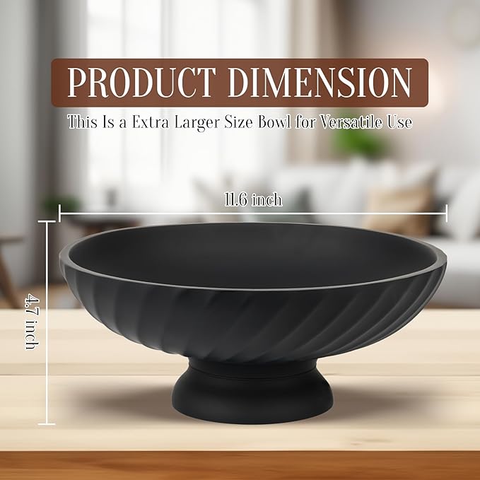 Large Resin Pedestal Decorative Bowl - Modern Fruit Bowl for Kitchen Counter - Handicraft Bowls for Home Decor - Key Bowl for Entry Table,Matte Black-Ruum Studio Home