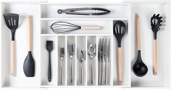 Premium Silverware, Flatware and Utensil Organizer for Kitchen Drawers, Food-Safe Contract Grade, Expandable from 18 to 33 In, White Bamboo-Ruum Studio Home