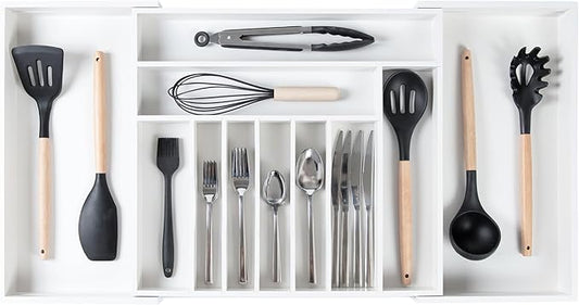 Premium Silverware, Flatware and Utensil Organizer for Kitchen Drawers, Food-Safe Contract Grade, Expandable from 18 to 33 In, White Bamboo-Ruum Studio Home