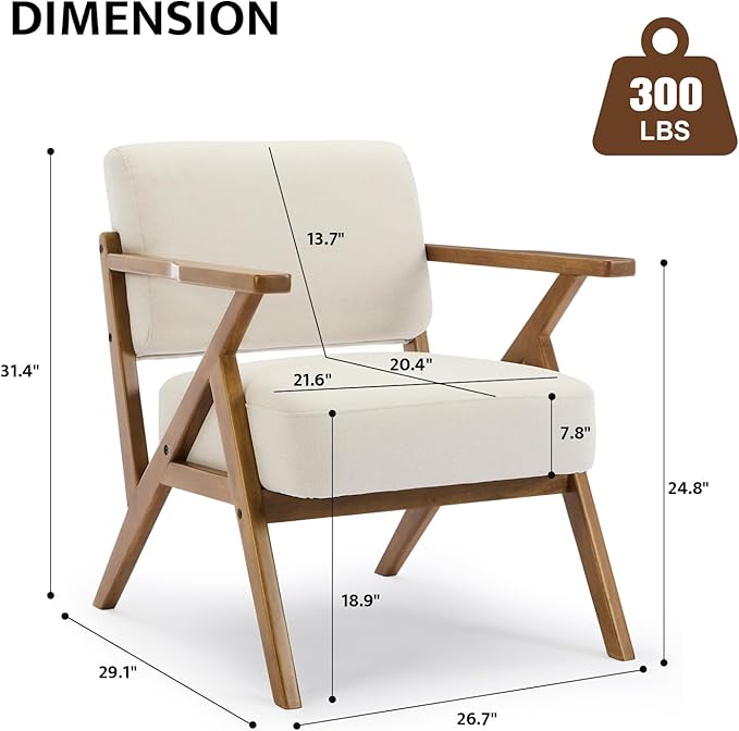 Mid-Century Modern Chair Upholstered Lounge Arm Chair with Solid Wood Frame Thicker Cushion for Living Room, Reading, Balcony, Beige Linen-Ruum Studio Home