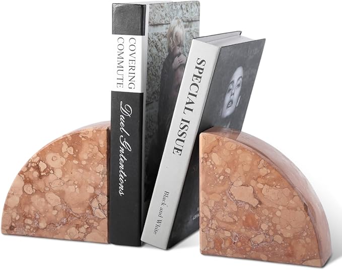 Marble Bookend for Shelves, Non-Skid Bookends for Heavy Books, Heavy Duty Book Stopper for CDs, Luxury Book Shelf Holder, Quarter Circle Design Book Ends Decorative, Perlino Rosato, Set of 2-Ruum Studio Home