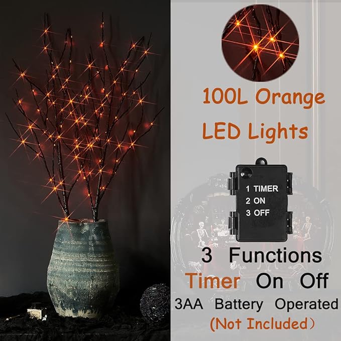 LITBLOOM Halloween Tree Branch Lights 32IN 100 Orange LED with Timer, Lighted Black Twig Branches with Fairy Lights for Halloween Decoration Indoor Outdoor-Ruum Studio Home