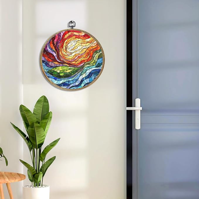 Colorful Boho Rainbow Geometric Spiral Sun Art Gift Framed Round Wall Decor Canvas Wall Art Hanging Prints Artwork for Home Office Bathroom Bedroom Living Room Decorations 10.2X10.2 Inch-Ruum Studio Home