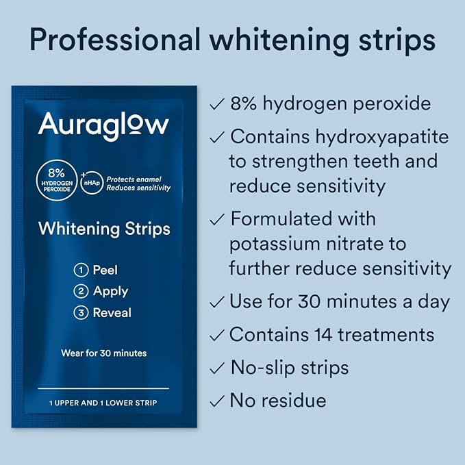 Auraglow Teeth Whitening Strips, Sensitive Whitening Strips, 14 Whitening Treatments, 8% Hydrogen Peroxide with Nano Hydroxyapatite (nHAp) to Reduce Sensitivity and Protect Enamel, 28 Strips, Mint-Ruum Studio Home