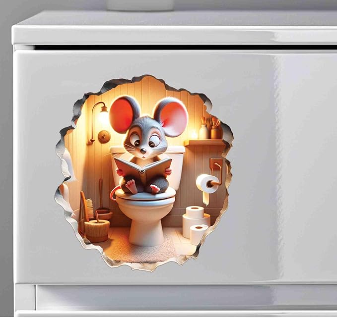 3D Mouse Sitting on Toilet - Mousehole Wall Sticker Decal - Removable Bathroom Decor - Kids Room - Peel & Stick - Whimsical Home Decor - MICESTERPIECE-Ruum Studio Home