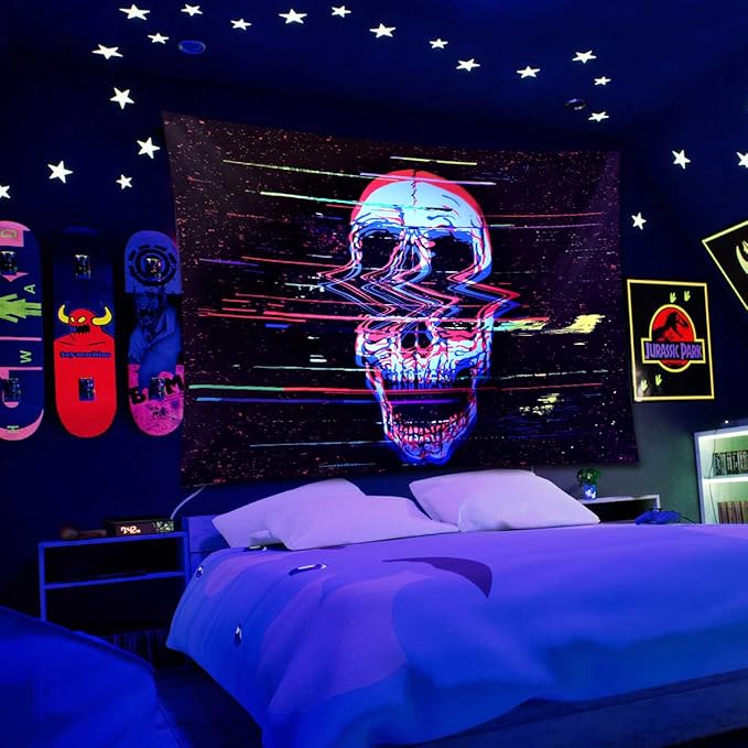 ADDWel Blacklight Skull Tapestry, Black Psychedelic Tapestry Glow In The Dark, UV Reactive Black Light Tapestries Posters Wall Hanging for Room Decor(50 * 60inches)-Ruum Studio Home