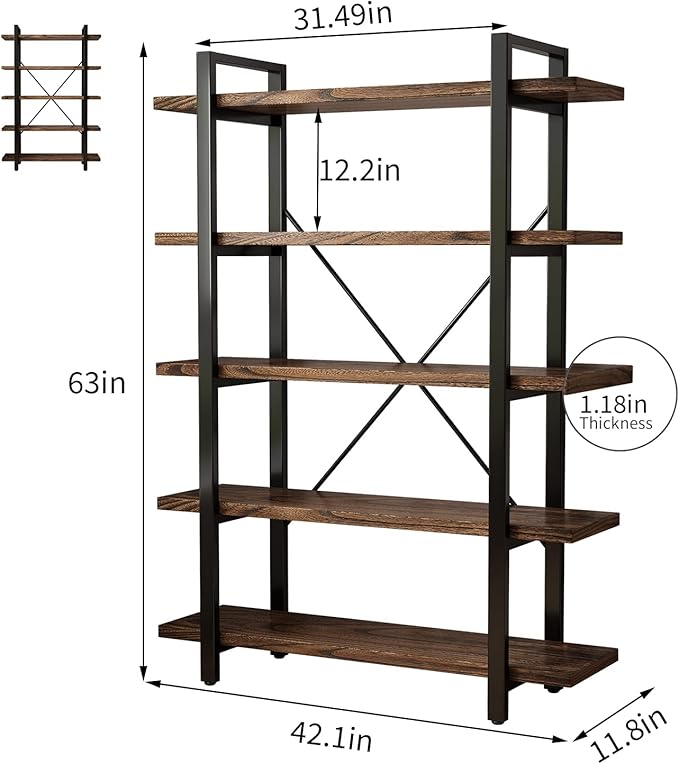 5-Tier Industrial Style Solid Wood Bookcase and Book Shelves,Rustic Wood and Metal Shelving Unit， Living Room,Modern Rustic Open Industrial Book Shelf Office,Distressed Brown (AY-02-5Tier)-Ruum Studio Home